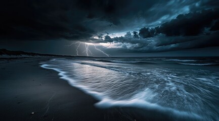 Dramatic stormy beach at night