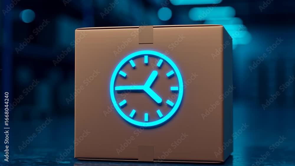 Poster time management in logistics. a cardboard box with a glowing clock design, set against a blurred war