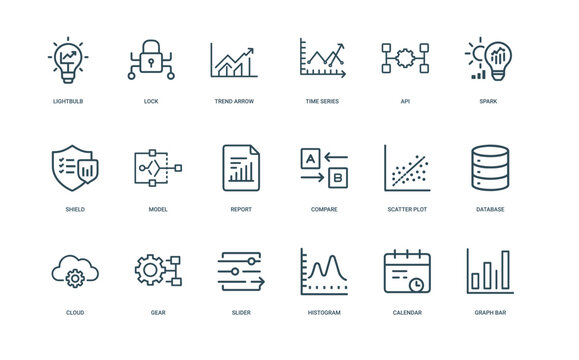set predictive analytics icons concepts like data analysis security visualization