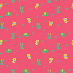 Cartoon animals and hearts on pink background form a seamless playful pattern for kids' decor