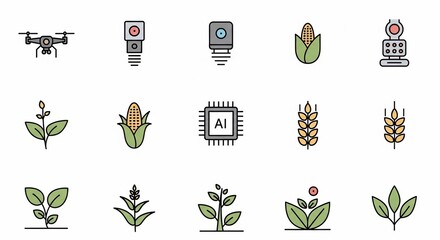 Modern Agriculture Technology Icons AI Drones Sensors and Crops for Smart Farming Solutions.