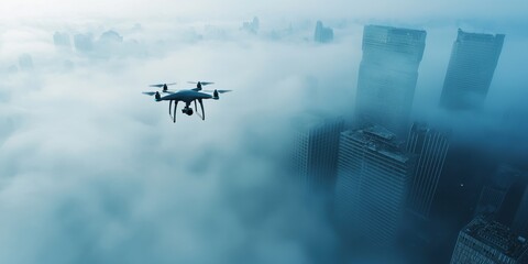 A drone flies above a foggy city skyline, capturing a stunning aerial view of skyscrapers shrouded in mist.