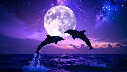 Two dolphins leap in the night sky, a full moon high above