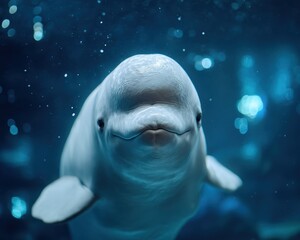 Fototapeta premium Close-up of beluga whale underwater with blue bokeh background, ideal for marine park marketing, aquarium promotions, ocean conservation education, and travel agency ads