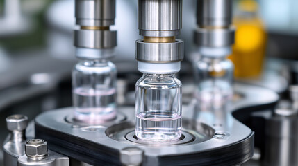 A sterile vial filling line uses isolator technology to protect the product from contamination. Robotic arms handle the vials inside a completely sealed, sterile environment
