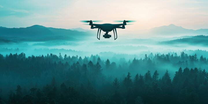 A drone hovers over a misty forest landscape, capturing the serene beauty of nature against a backdrop of mountains and soft clouds.