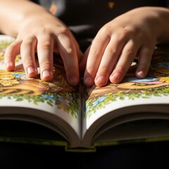 Obraz premium Close-up of a child's hands on an open book, a concept for International Day to Protect Education from Attack and the importance of global education