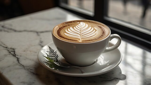 A cup of latte with leaf art on a white saucer near a window on a marble table in a cafe setting