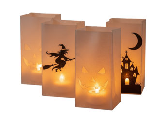 Halloween luminaries with witch and haunted house isolated on transparent background
