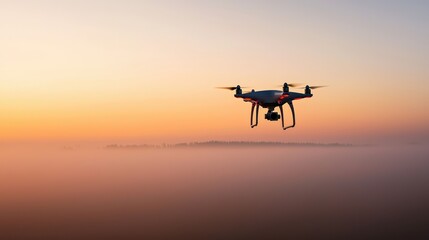 A drone hovers above a misty landscape at sunset, capturing stunning aerial views amidst vibrant hues of orange and purple.
