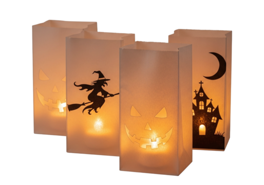 Halloween luminaries with witch and haunted house isolated on transparent background