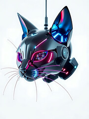 Abstract Floating Robotic Cat Face Illustration White Background