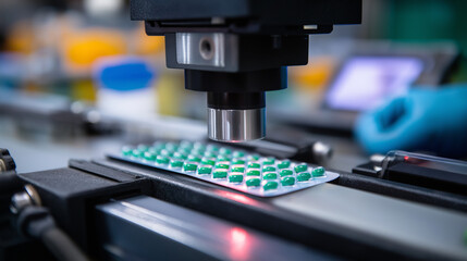Fototapeta premium An advanced inspection system uses vision technology to detect defects in pharmaceutical packaging. A high-speed camera scans blister packs, and the system automatically rejects 