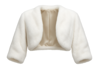 White faux fur bolero with three-quarter sleeves and satin lining