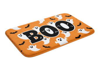 Halloween doormat with boo text, ghosts and bats isolated on transparent background