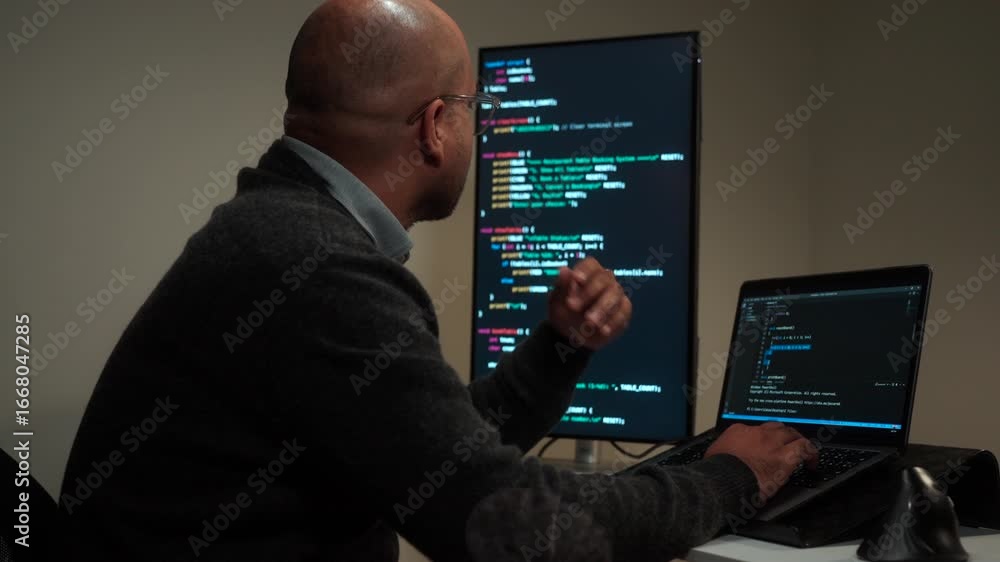 Wall mural side view male programmer wearing glasses works late at night with green code reflecting on his lens