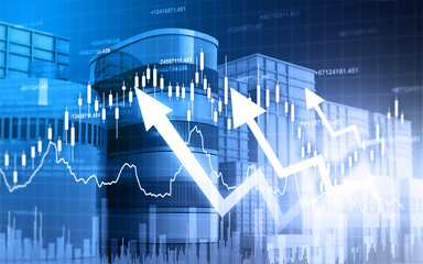 Naklejka premium Stock market graph with modern city building. Business success arrow graph. 3d illustration