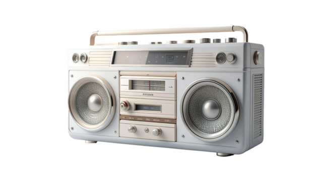 Retro boombox with vintage design and colorful speakers isolated on white background