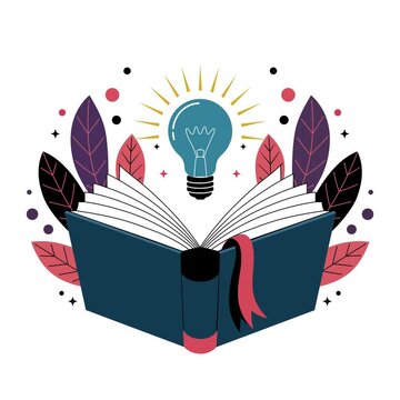 A magic open book with a glowing light bulb vector illustration for education, reading, and learning