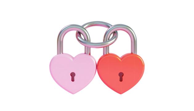 Two padlocks with heart symbols linked together symbolizing love and security isolated on white background