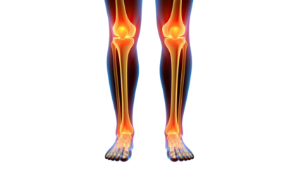 3d medical illustration of human legs with glowing bones and joints highlighting skeletal structure isolated on white background