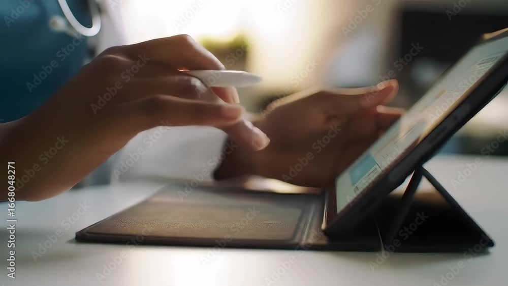 Aufkleber close up of hands using a stylus on a tablet with a chart displayed on the screen in a bright settin