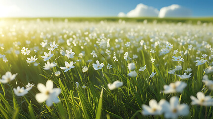 Close-up meadow of white flowers under bright sun, lens flare and bokeh, 4K 