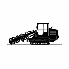 Detailed Side View of a Trenching Machine in Black Silhouette