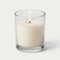 White candle burning in glass holder on neutral background  