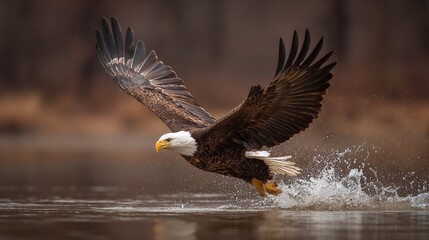 Obraz premium Majestic eagle in flight over water, wings spread wide. A symbol of freedom and power in nature.