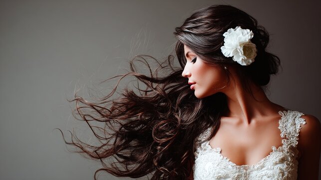 Elegant bride with flowing hair and flower detail. Captivating beauty. Timeless bridal elegance and grace. Classic beauty for the discerning bride. - Powered by Adobe