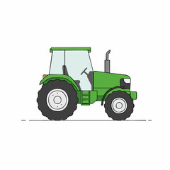 Isolated green tractor with cabin and large tires, side view illustration