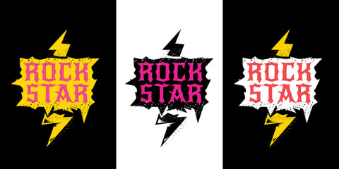 Rockstar Label Design Vector Bold Pink and Yellow Grunge Text with Lightning Bolts on Black and White Backgrounds, Ideal for Music, Fashion, and Branding. Rock star label ,print and sticker design