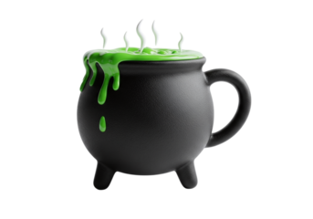 Black cauldron with bubbling green slime isolated on transparent background