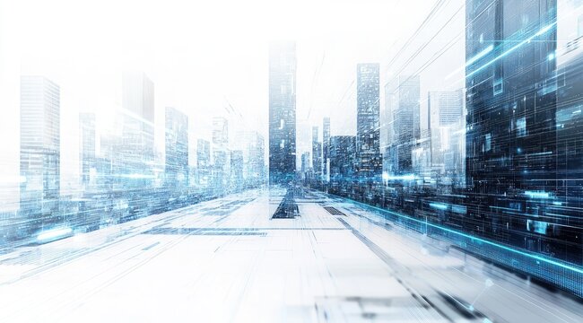 Futuristic city vista with digital overlays