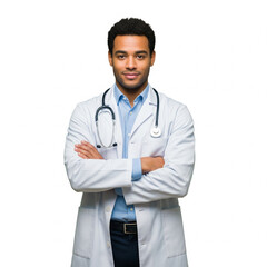 Fototapeta premium confident european male doctor isolated on white background representing healthcare and hospital professionalism concept