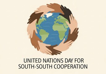 United Nations Day for South-South Cooperation illustration, hands of different skin tones around the globe, symbolizing global unity and partnership