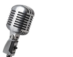 Angled Side View of Retro Silver Microphone with Stand, isolated on transparent background PNG