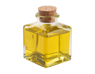 Angled Side View of Square Yellow Bottle with Wooden Stopper, isolated on transparent background PNG
