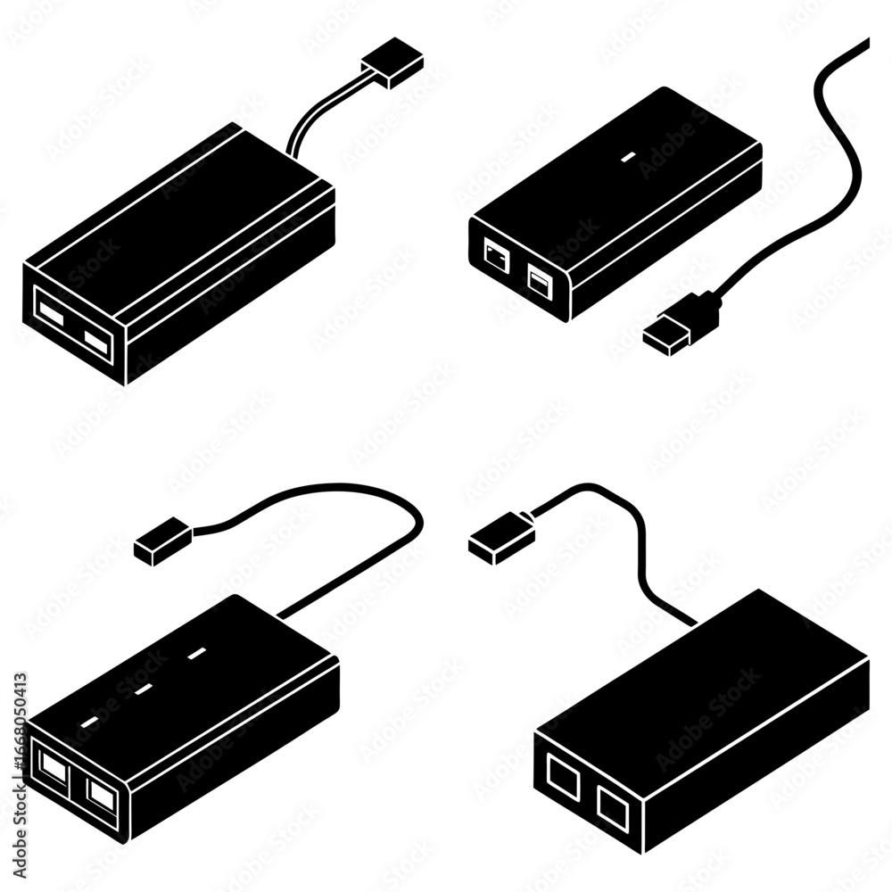 Poster four isometric views of black rectangular power adapters with cables and usb connectors on white bac
