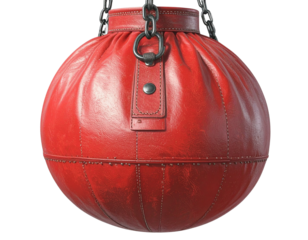 Angled Side View of Red Heavy Boxing Bag with Chain, isolated on transparent background PNG