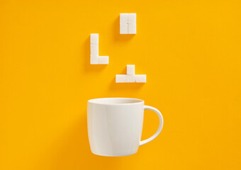 Sugar cubes falling into white mug on yellow background