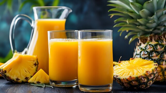 Fresh pineapple juice in two glasses and jug with ripe fruit - Powered by Adobe
