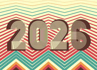 Retro cover background with 2026 numbers on pastel colors background in zigzag striped lines. Graphic design vector illustration for Happy New Year Christmas Banner Greeting Card Invitation Poster Ad
