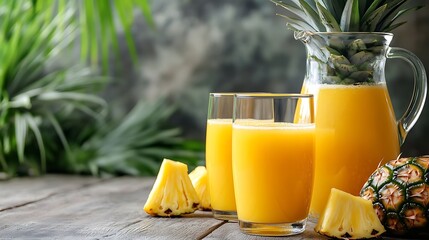Fresh pineapple juice in two glasses and jug with ripe fruit
