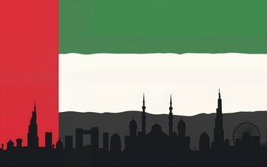 50 UAE National day flat paper style banner with UAE flag. Holiday card for 2 december 1971 - 2021, 50 National day United Arab Emirates Spirit of the union. Design with Dubai and Abu Dhabi silhouette