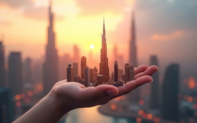 Dubai city on hand 3d concept background. amazing city at sunrise, United Arab Emirates. High quality