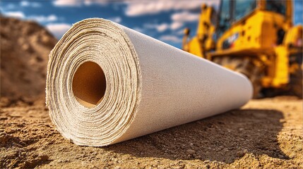 Construction Material Roll on Site. Textured textile roll for roadwork, with earthmoving equipment in the backdrop on a bright day. Durable, essential.
