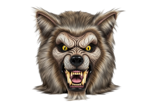 Scary werewolf mask with bared teeth isolated on transparent background