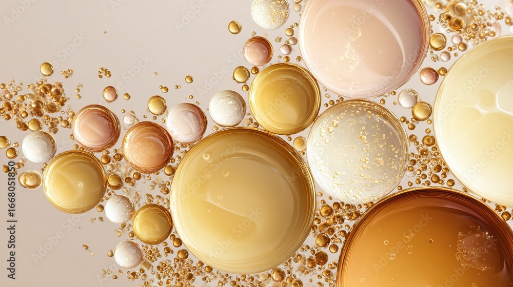 Fototapete macro shot of shimmering golden and pearlescent bubbles floating in a light fluid creating a luxurio